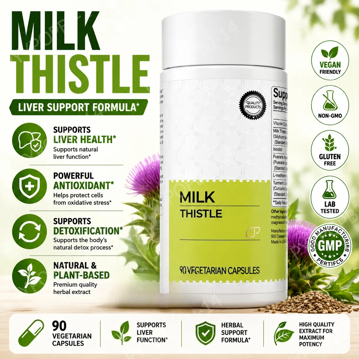 Milk Thistle Extract 300mg Capsules na may Vitamin C Inositol Herbal Supplement 90 Capsules Non-GMO Gluten Free — image 2