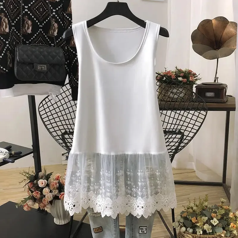 Straße Casual Spitze Patchwork Tanks Sommer Neue Ärmel Einfarbig Lose Jugend Weiß T Shirt Tops Mode-Trend Frauen Kleidung — image 2