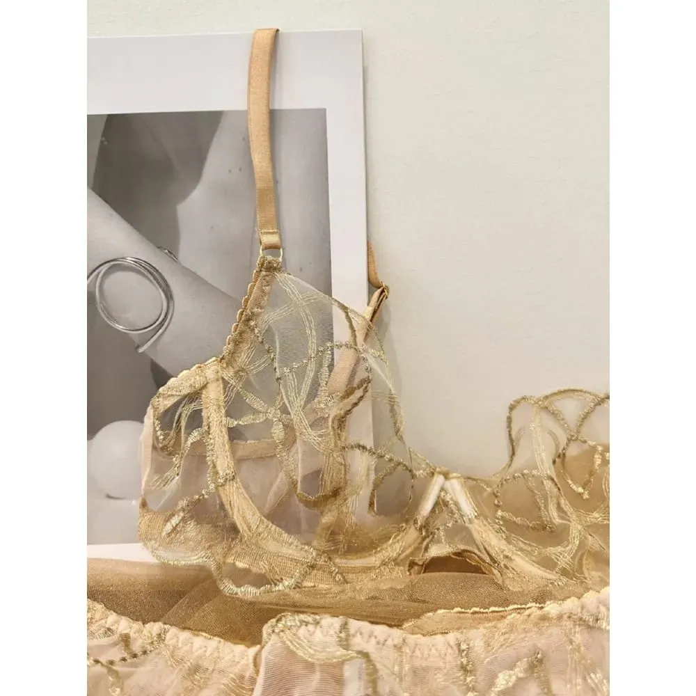 Luxury Lace Shiny Gold Embroidery Sexy Lingerie Set Women Bra + Thong Panties Transparent Erotic Night Party Intimate Underwear — image 6