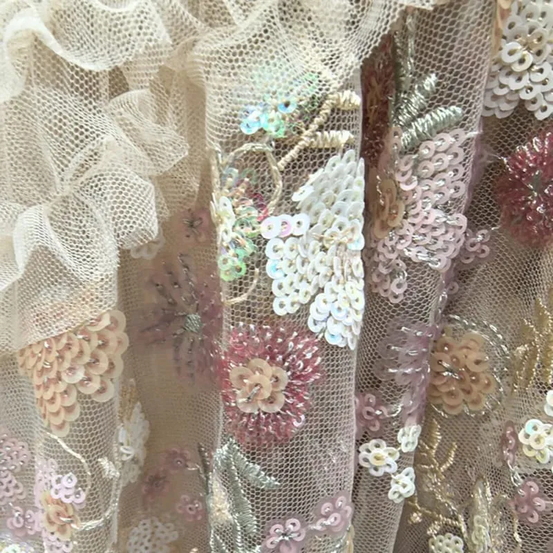 Moda rosa bordado lantejoulas vestido feminino em torno do pescoço babados meia mangas vestidos de comprimento no tornozelo novo 3a132 — image 7