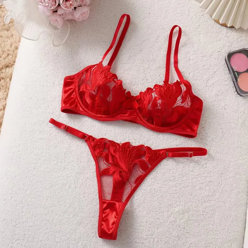 Floral Embroidery Sexy Lingerie Set for Women Underwear Transparent Bralette Underwire Push Up Bra and Panty 2 Piece Set — image 5