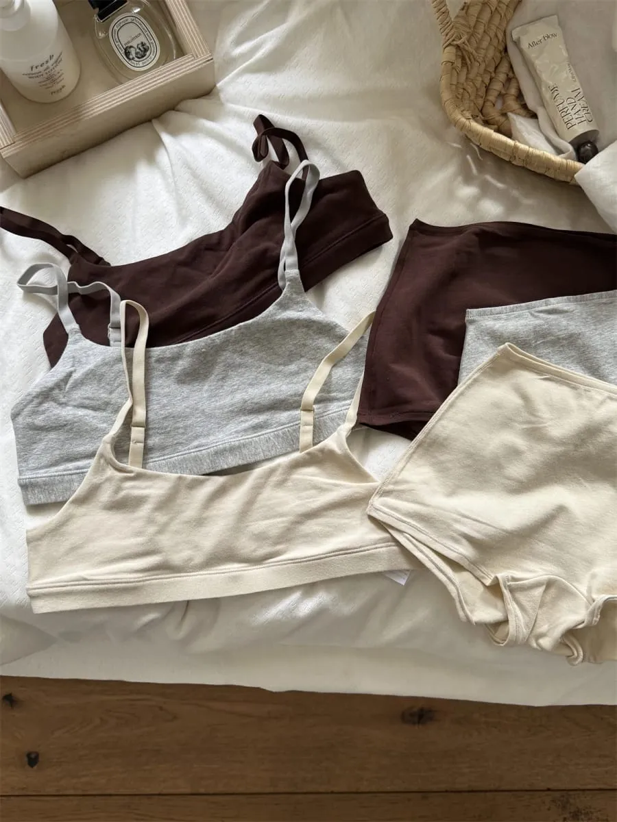 Vintage bomulls-sport-bh-set för kvinnor, sömlös behå med justerad rem+låg midja boxershorts Solida enkla underkläderset med hög elasticitet — image 3