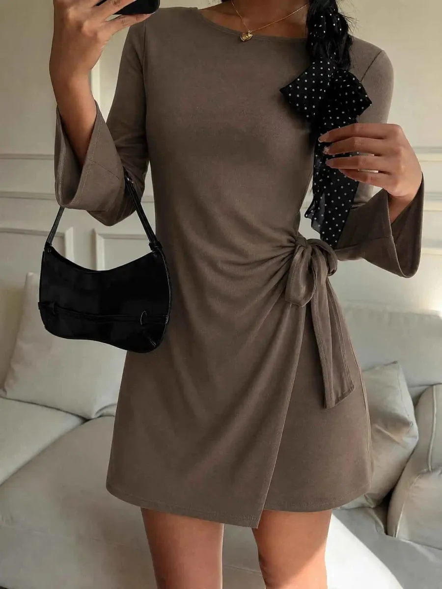 Solid color casual elegant knotted drawstring cross vacation,Women Mini Dresses,fall dresses for women — image 4