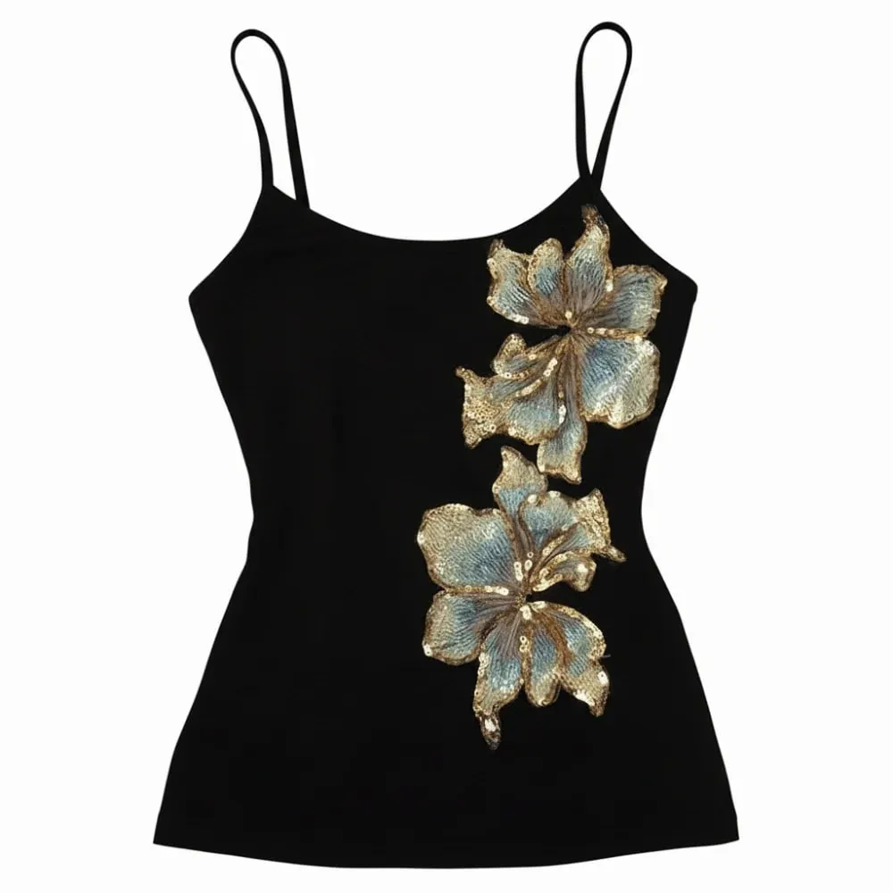 Casual Vintage Summer Tanks Black Sleeveless Women's Tops Bodycon Fit Floral Print Camis Tops Spring Summer