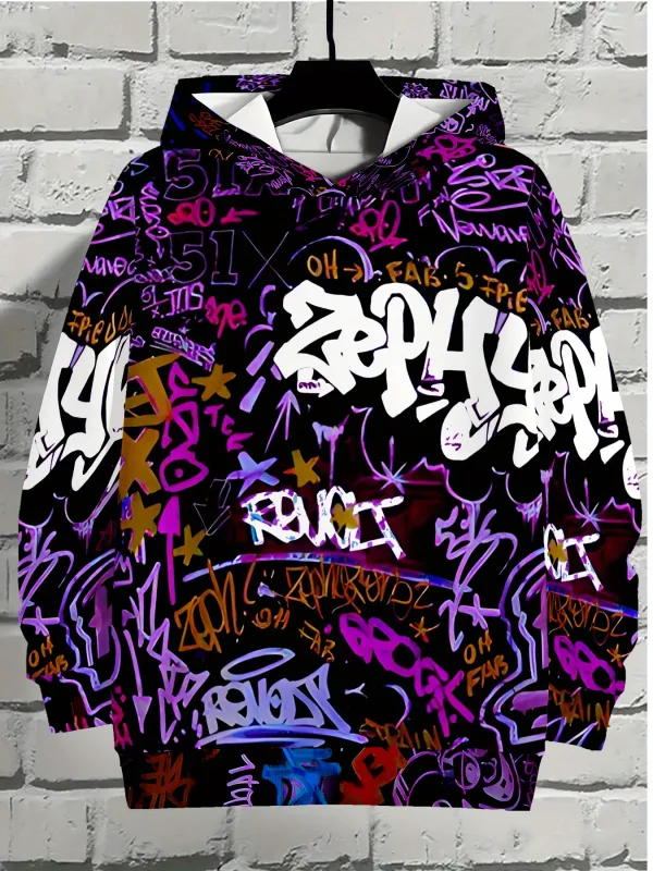 European at American Men's Autumn Gothic Letter Graffiti Print Soft and Comfortable Hooded Sweatshirt Outdoor Street Top