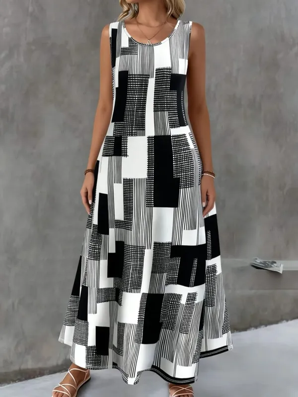 Women's Summer Dress Simple Grid Pattern Design Fashion Round Neck Woman Clothes Casual Cool Sexy Sleeveless Dresses for Woman — image 12