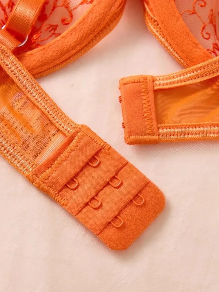 Sexig Orange Spets Underkläder Set Kvinnor Push Up BH och Trosa Set Butterfly Rosett Underkläder Kvinnliga Intimates Sovkläder — image 7
