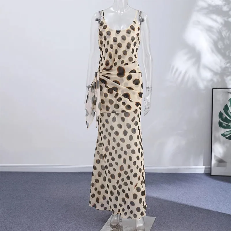 Polka dots print destacável cachecol estilingue vestido 2026 novas senhoras magro com decote em v cinta de espaguete vestidos longos vestidos de praia femininos