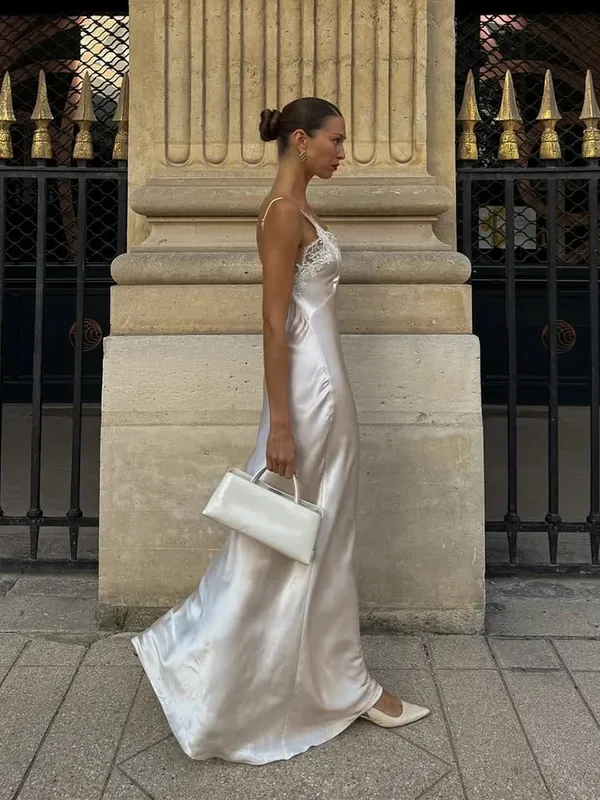 Sexy Women V-neck Satin Sling Maxi Dress Chic White Lace Patchwork Sleeveless Backless Slim Gowns Summer Evening Party Dresses