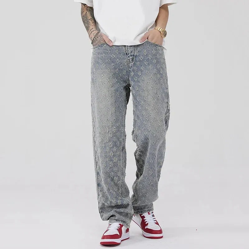 Men American Style Vintage Jacquard Design Jeans Fashion Male Summer Thin Daily Casual Denim Pants Loose Straight Leg Trousers — image 4