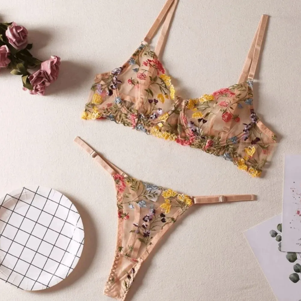 2-Piece Versatile Floral Lingerie Set Embroidery Sheer Boho Bra Panty Set Intimates — image 5