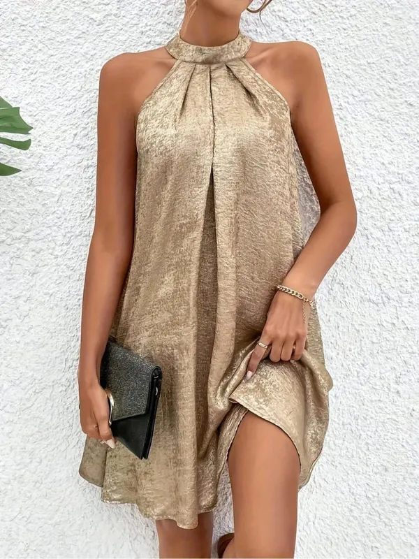 Champagne Color Women's Halter Neck Cold Shoulder Tie Back Spaghetti Strap Sleeveless Summer Dress Fashion