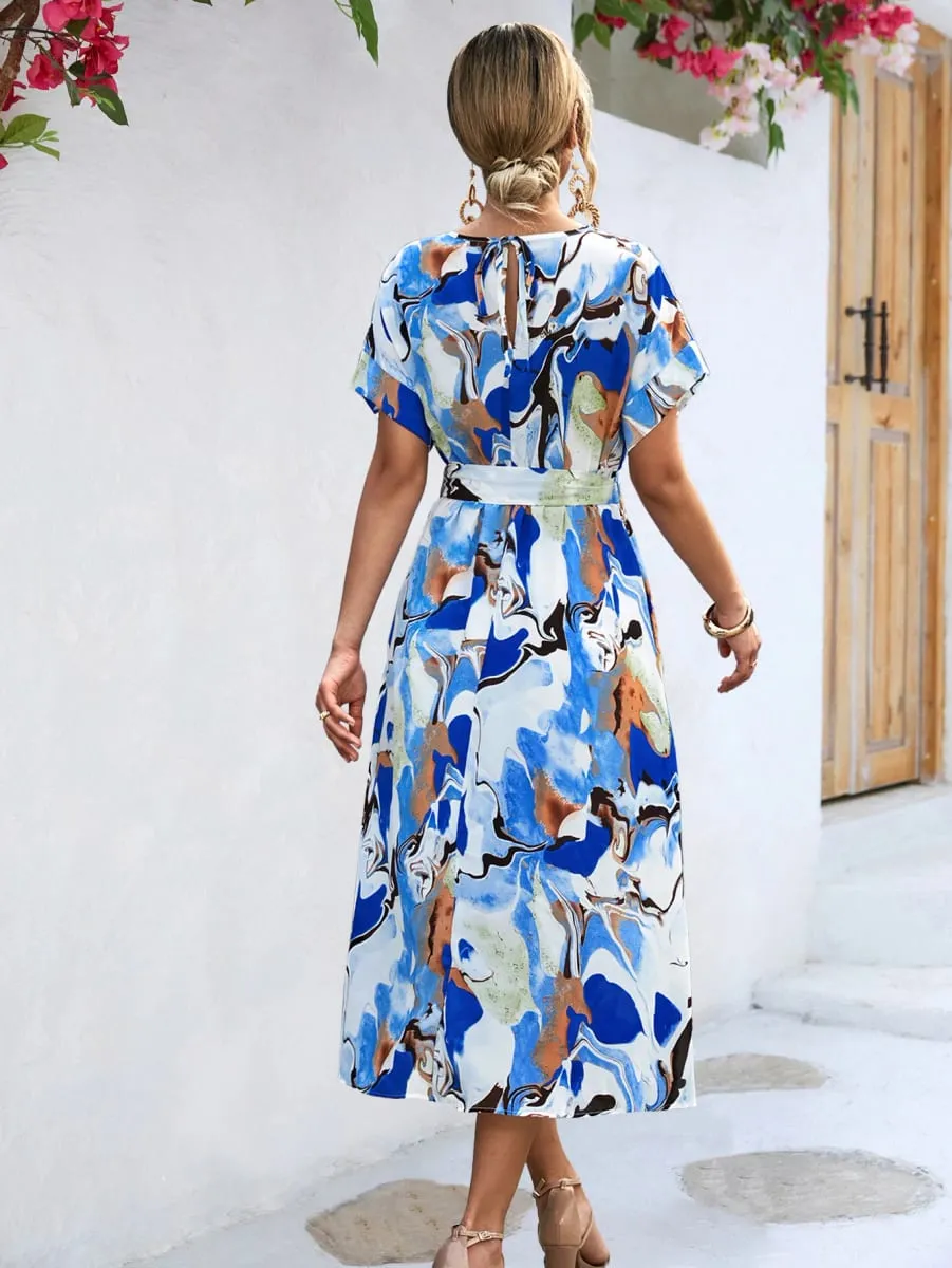 Women Long printed Dress with sashes Fashion Slim Chiffon O-neck A-line Loose Dress Elegant female holidays beach dresses