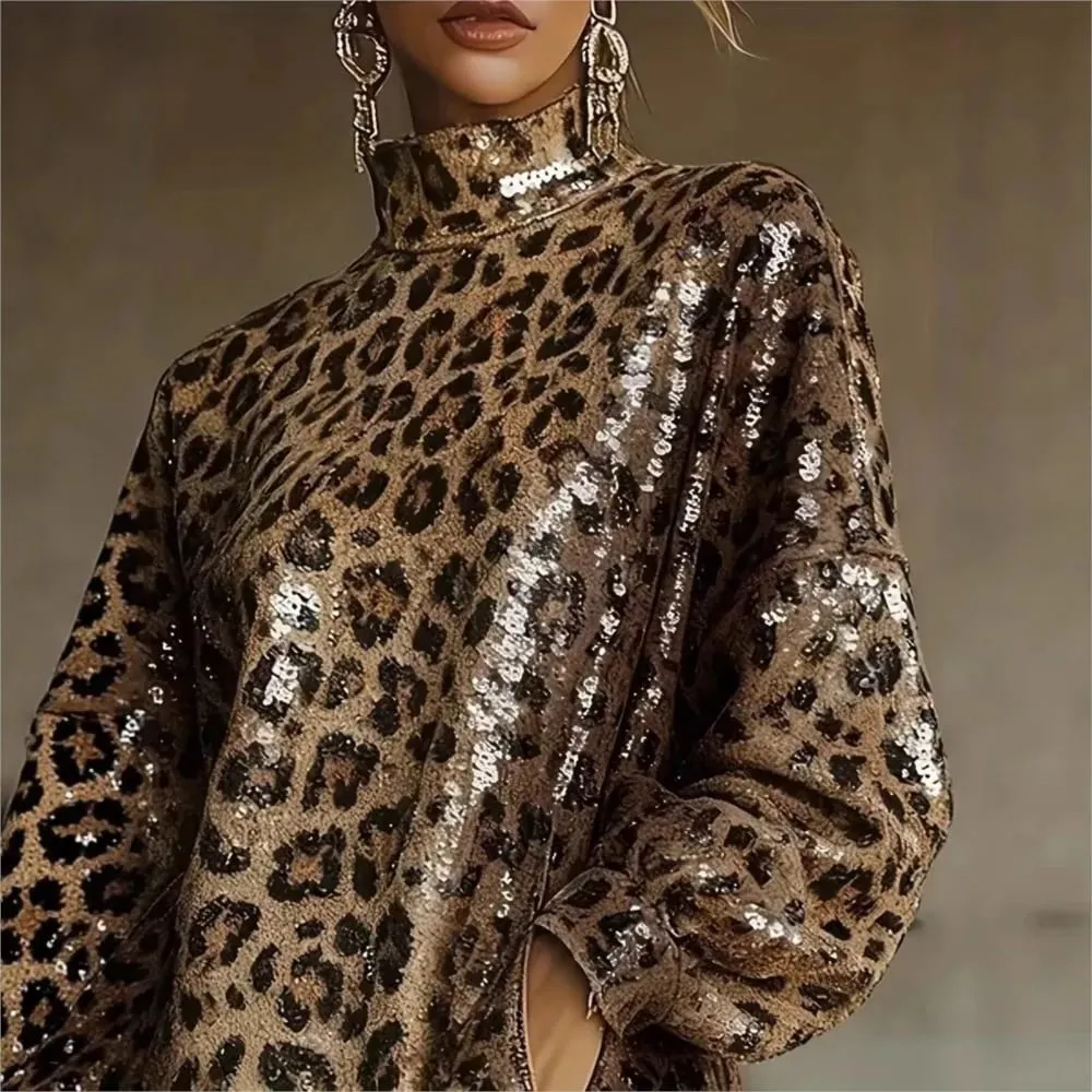 Autumn Winter Fashion Leopard Print Dress Casual Personalized Clothing Long Sleeved Sequins Tassel High Neck Pocket Short Dress — image 2