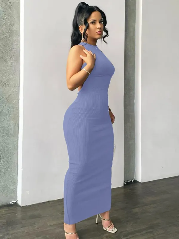 Hugcitar Ribbed Solid Hollow Out Backless Sleeveless Sexy Slit Mini Dress Bodycon 2025 Spring Women Outfits Elegant Party Y2K — image 10