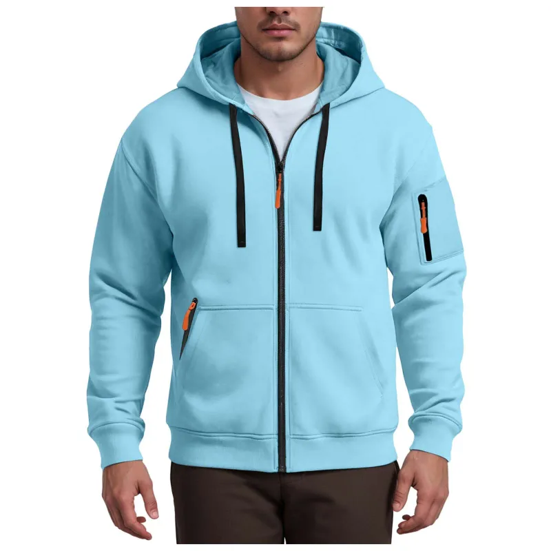 Men's Hoodies Solid Color Loose Zip Up Jacket Arm Zipper Pocket Hoodies Sand Hoodie Men