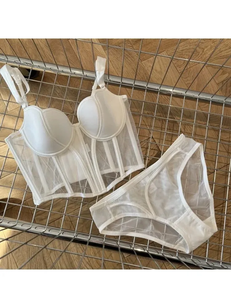 French Long Fishbone Mesh Patchwork Bra Set Slim Shaping Chest Lift Up Sexy Lingerie Outfit Soft Kumportable Underwear S-XL Suit — image 2