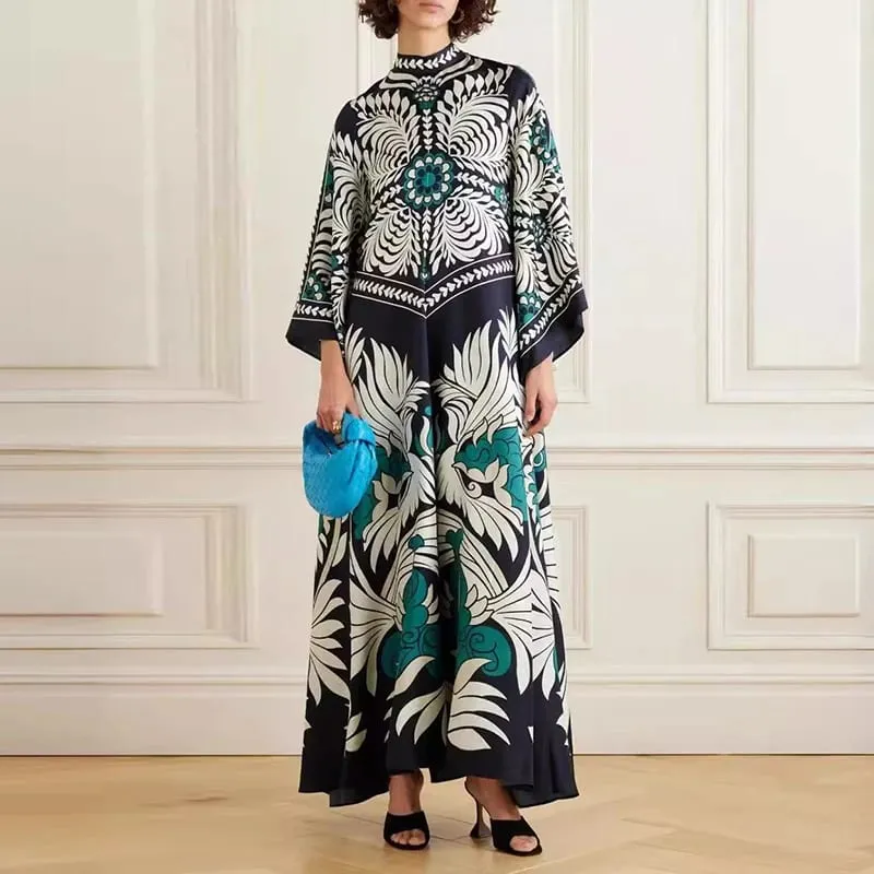 Étnico retro primavera impressão boho vestido longo feminino sexy gola rendas vestido de festa outono manga longa solto senhoras maxi vestidos — image 7