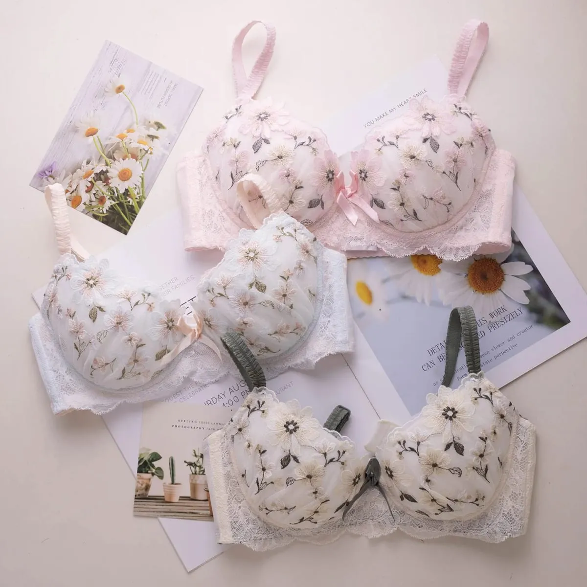 Japanese Style Thin Embroidered Girls Bra Set Soft Underwire Sweet Cute Large Cup Brassiere & Panty Lingerie Set