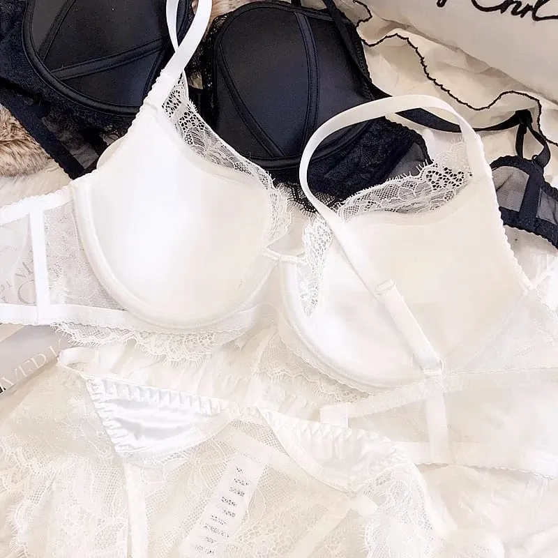 Doce pequeno fresco profundo-v copo fino roupa interior de renda feminina conjunto de sutiã sexy com tamanho grande bc tamanho push up lingerie com cuecas — image 7
