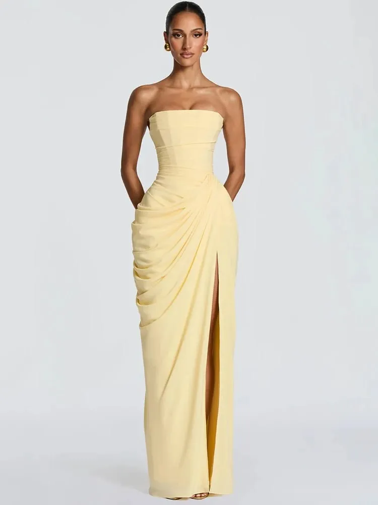 Mozision Chiffon Off-shoulder Strapless Sexy Maxi Dress Women Elegant Sleeveless Backless High Split Ruched Club Party Dress