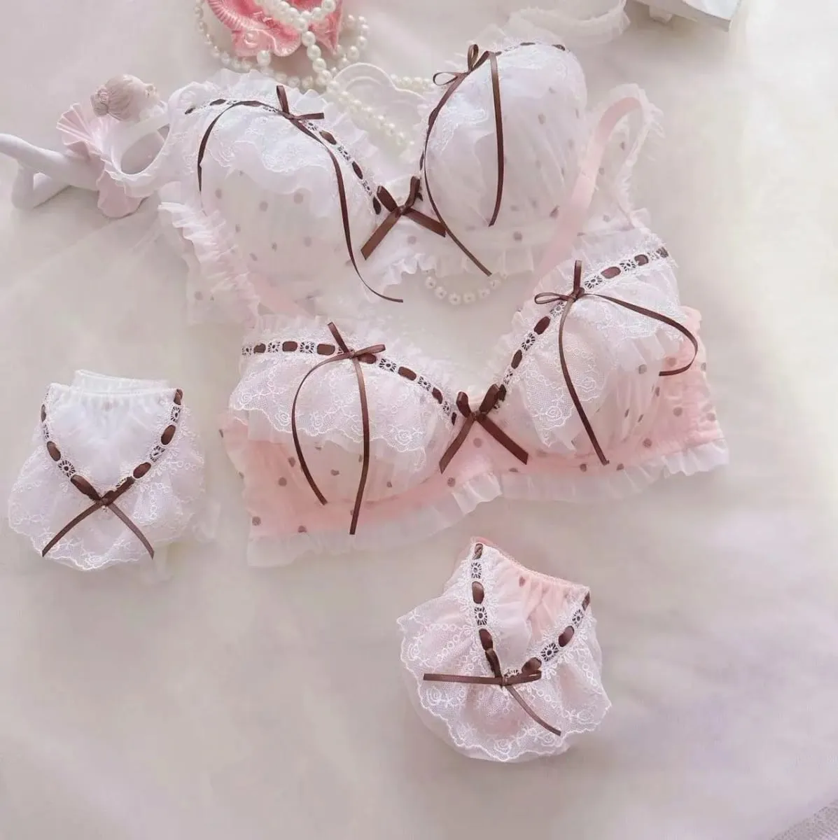 Napakagandang damit-panloob na nalulusaw sa tubig ribbons polka tuldok manipis na tasa estilo ng kolehiyo estudyante batang babae cute na natipon sexy underwear bra — image 3