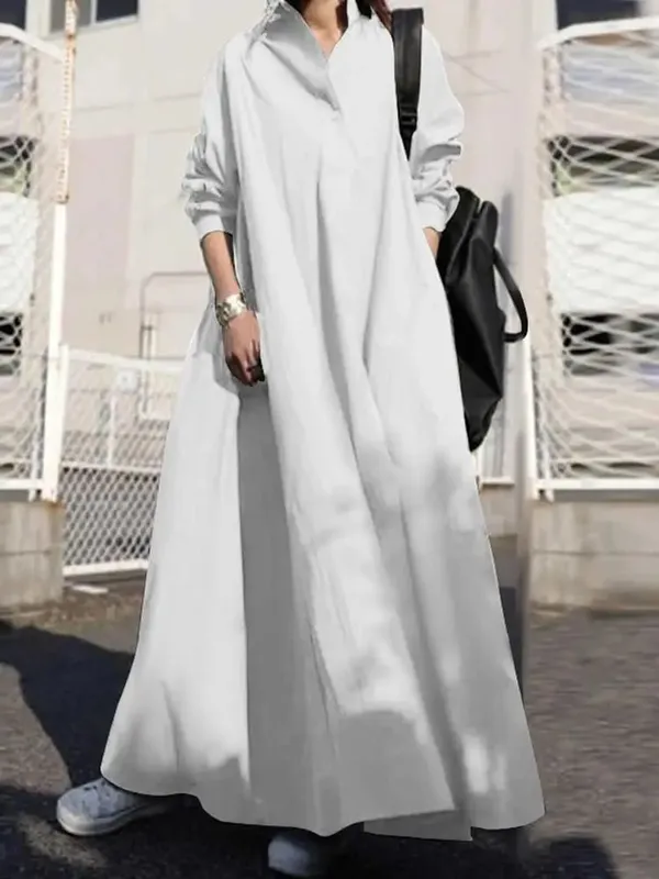 Vestido feminino outono manga comprida camisa vestido solto oversized maxi kaftan mulher lapela sólida meio botão a linha vestido de verão — image 8