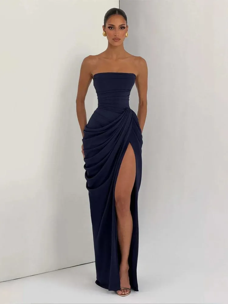 Babaeng Dilaw na Elegant Strapless Pleated Dress Sexy na Walang Manggas na Baywang Cinching Split Maxi Gowns 2026 Babae Bagong Evening Party Dresses — image 3