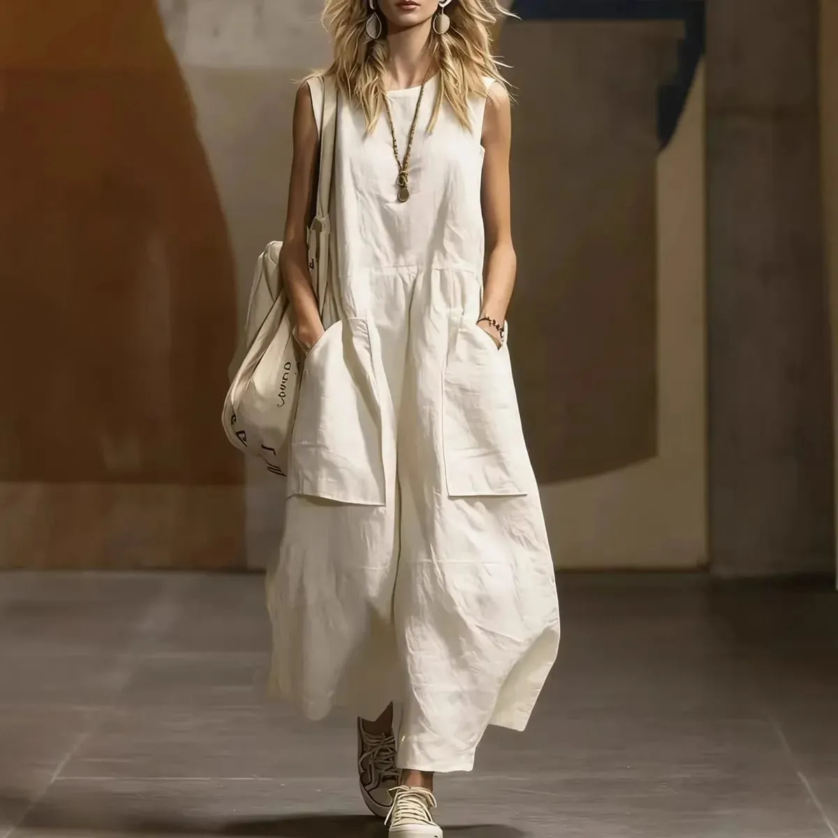 2026 Summer Loose And Simple Sleeveless Cotton And Linen Women's Dress New Fashion Casual Pocket Female Holiday Long Dresses — image 1