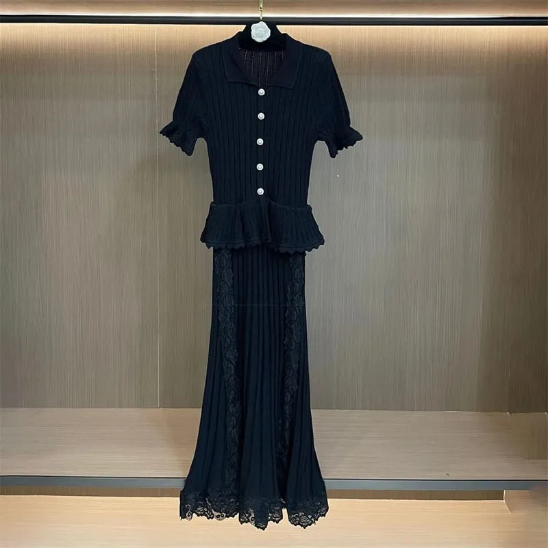 New Summer Women's Lace-Trimmed Short-Sleeve Knitted DressY2K High-Quality Fashionable Casual Faux Two-Piece Fishtail Maxi Dress — image 3