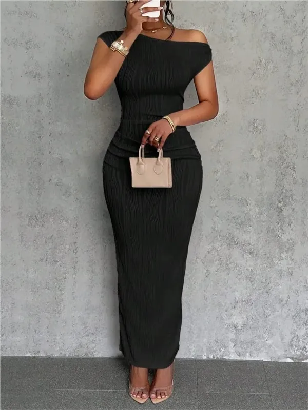 Mode Vatten Ripple Sned Shoulder Dress Dam Elegant och Enkel Enfärgad A-linje krage Mellan midjan Sexig höftomlott kjol — image 6