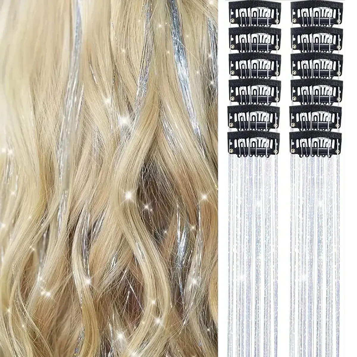 12Pcs Synthetic Hair Tinsel Clip in 20Inch Glitter Tinsel Hair Clip in Hair Tinsel Kit Heat Resistant Shiny Sparkle Fairy Hair — image 9