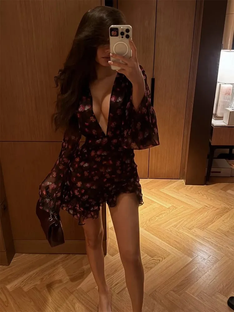 Elegante flora pintado plissado mini vestido feminino sexy manga cheia profundo decote em v magro curto robe 2026 verão nova senhora festa clube usa — image 6