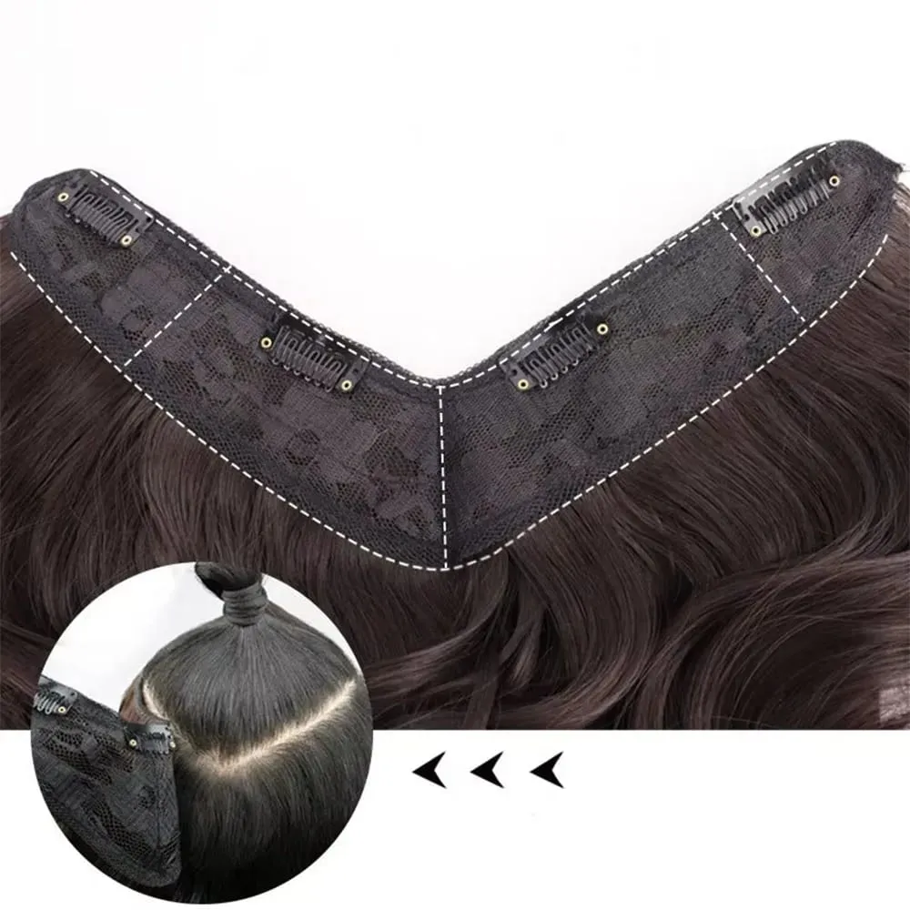 20Inch Synthetic Long Curly Hair Extension 4 Clips V-shape Natural Brown Black Hairpiece for Women — image 5