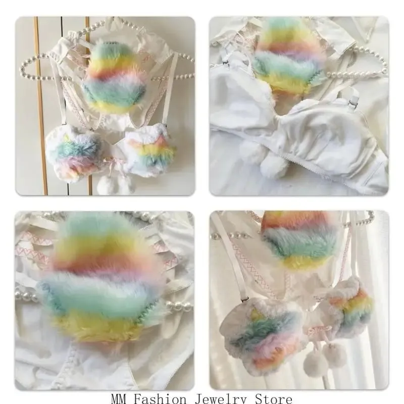 Womens Plush Rainbow Star 2 Piece Bra and Panty Set without Underwire Furry Lingerie Underwear for Cosplay or D0UB