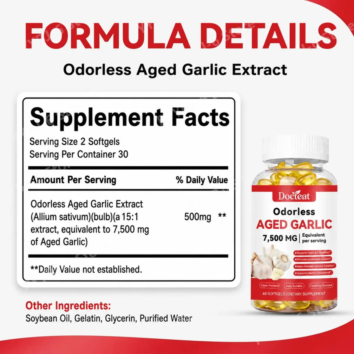 Odorless Aged Garlic Extract 7500mg Equivalent 60 Softgels - Immune Support Heart Health Antioxidant Supplement for Adults — image 2