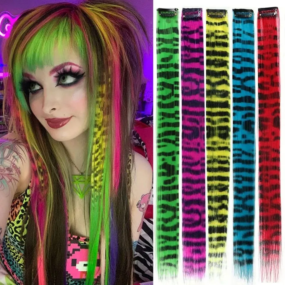 Long Straight Colorful Striped Hairpieces Synthetic Clip in Leopard Print Hair Piece Halloween Party Cosplay Y2K Feather Scene — image 2