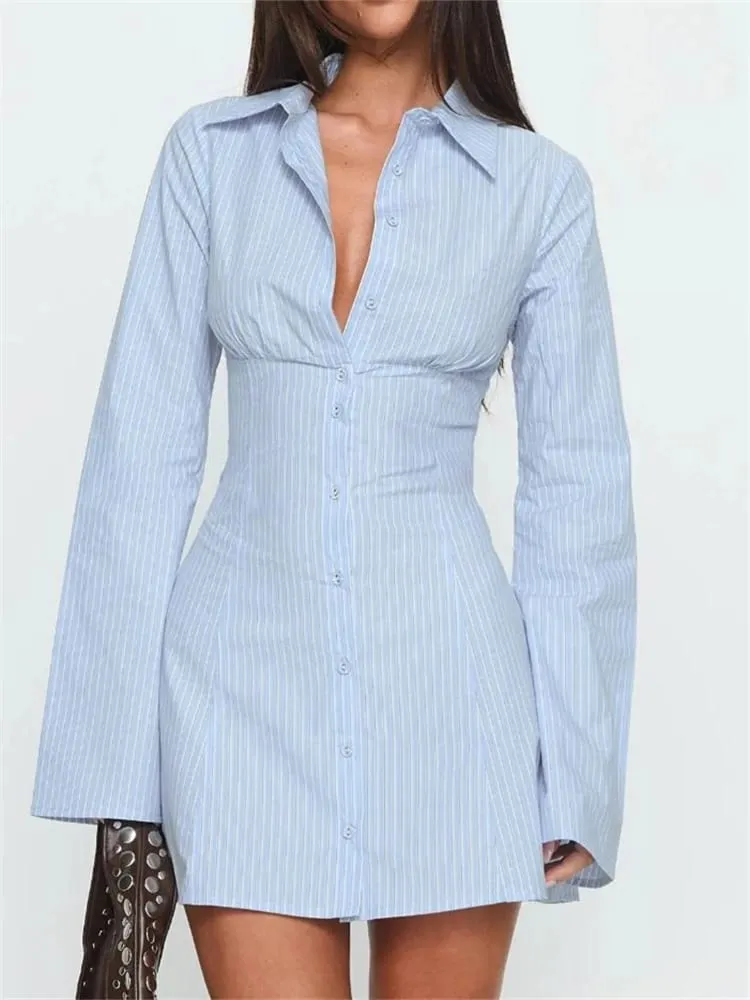 Verão feminino y2k camisa vestido emagrecimento cintura saia curta mini vestido cintura alta estilo glamour manga cheia gola regular — image 2