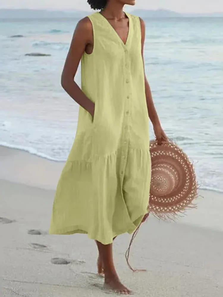 Verão solto casual retalhos algodão linho pocktes vestido com decote em v estilo praia vestido sem mangas vintage clube midi sólido vestido feminino — image 3