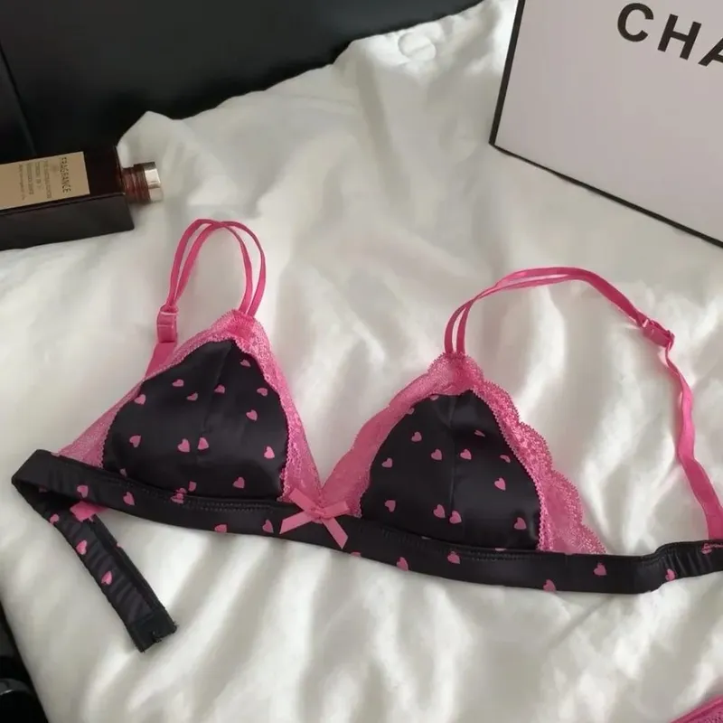 セクシーな New French Style Satin Lace Bra Panty Set Wireless Thin Triangle Cup Sweet Lingerie For Small Bust Young Ladies Size 32‑38 — image 7