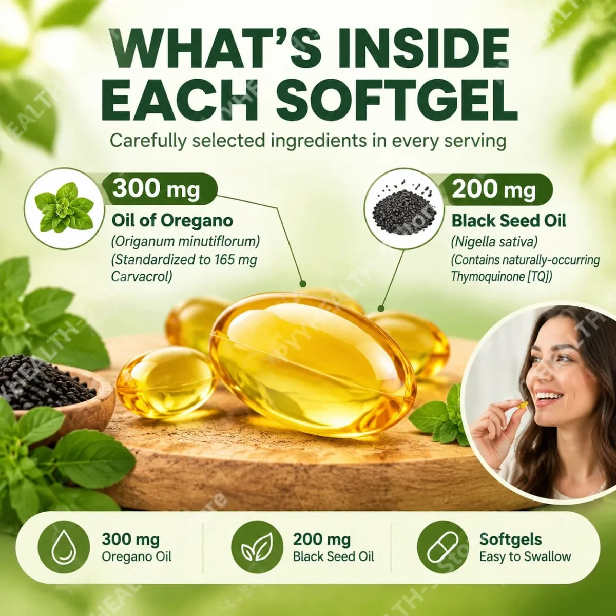 Oil of Oregano Softgels with Black Seed Oil 6000mg 165mg Carvacrol Thymoquinone Gluten Free Daily Wellness 60/180 Softgels — image 4