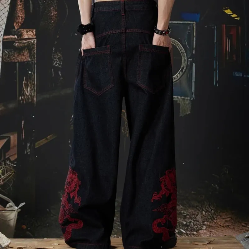 2026 New Side Red Dragon Embroidery Baggy Jeans For Men Y2K Streetwear Punk Fashion Denim Pantalones American Retro Hip Hop Jean — image 7