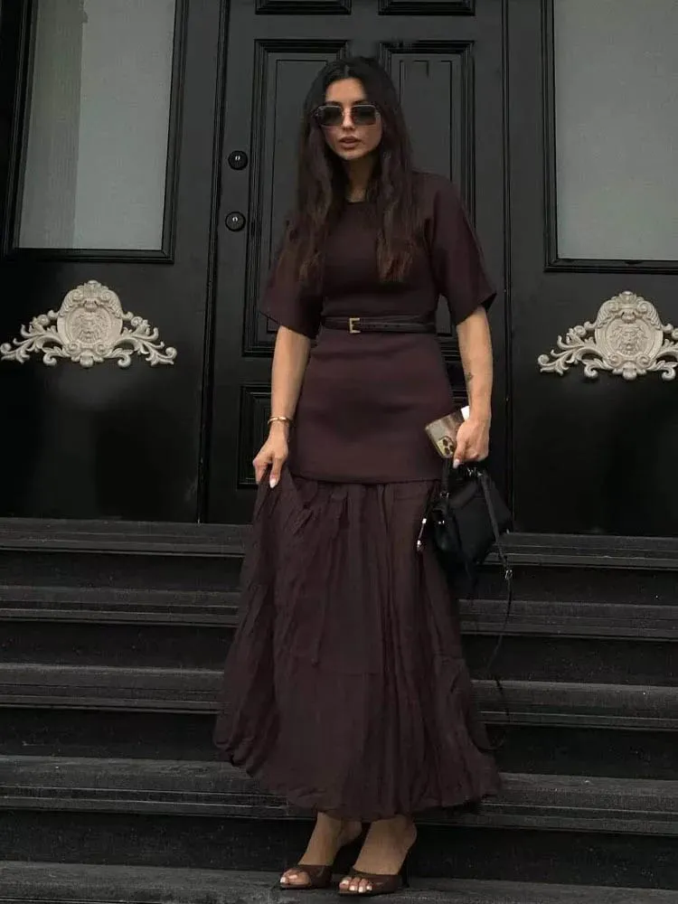 HH Mulheres Elegantes Meia Mangas Gola O Vestido Plissado Primavera Mulher Zíper Traseiro Emenda Vintage Casual Malha Vestido Longo — image 4