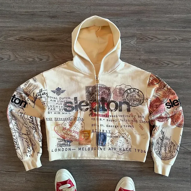 เสื้อแจ็คเก็ตซิปHoodie Apricotพิมพ์ตัวอักษรการ์ตูนแฟชั่นRetro Y2K High Streetผู้ชายและผู้หญิง — image 5