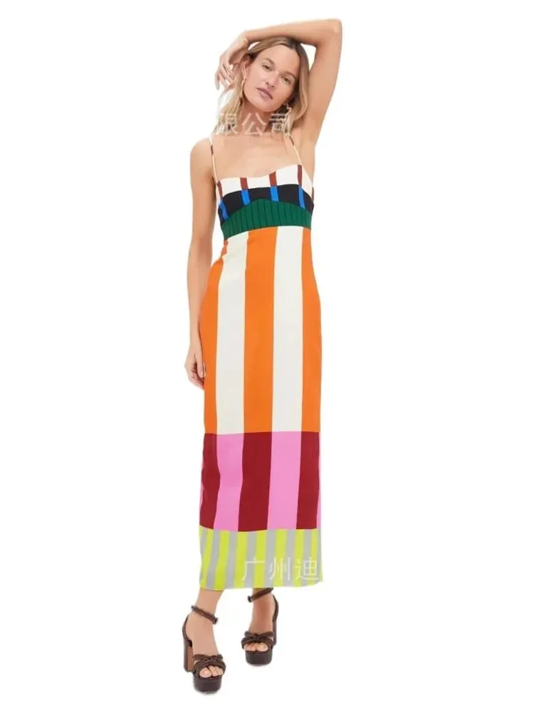 Elegant højtaljet 2025 fest lang kjole mode afslappet ny stribet farverig kvinder sexet spaghetti strop Bohemian Mixi kjoler — image 7