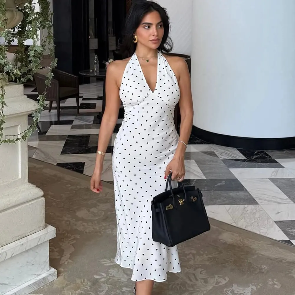 Tuularose Polka Dot Hanging Neck Long Dress Babae Elegant Strapless Sexy Lace-up Walang Sleeveless Backless Fashion Club Party Dresses — image 4