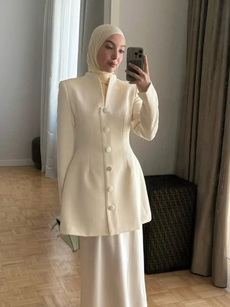 Women Chic Solid A-line Mini Dresses ElegantSingle-breasted V Collar Full Sleeves Short Vestidos Fashion New Lady Commute Gowns — image 5