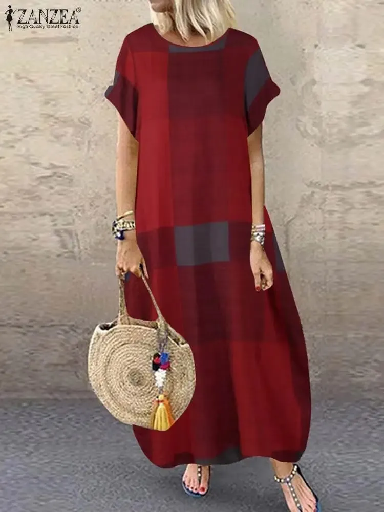 Boêmio xadrez verificado vestido de verão manga curta vestido longo moda férias festa femme casual solto robe 2025 — image 3
