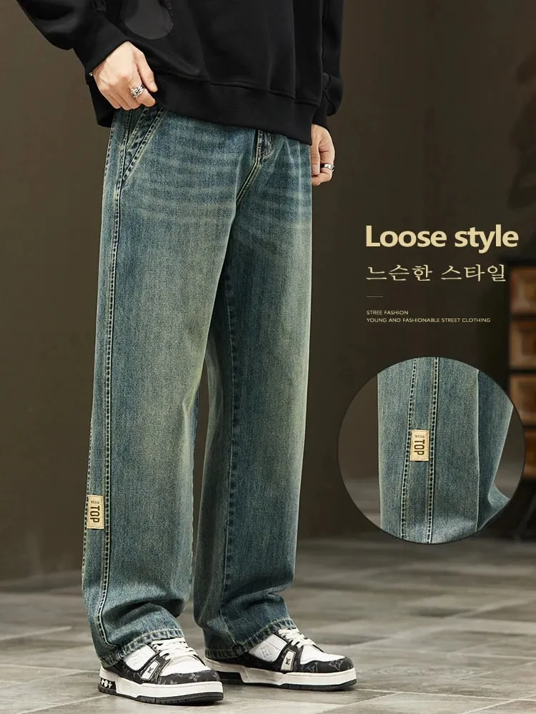 Korean Loose Wide Legs Jeans Men's Vintage Wash Denim Pants Fashion Streetwear Casual Baggy Straight Male Trousers — image 2
