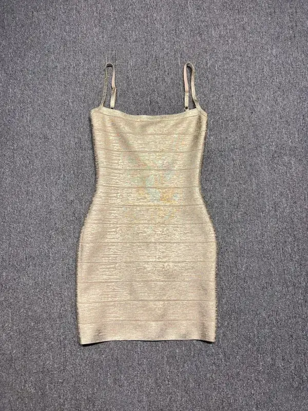 Real Photos Women Gold Bronzing Bandage Dress Bodycon Mini High Street Evening Club Party Homecoming Dress Wholesale Dropship